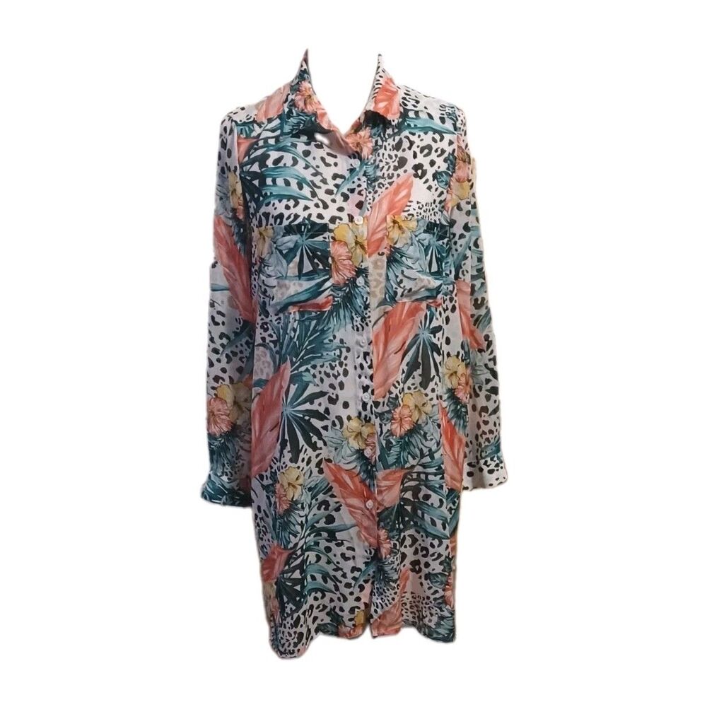 Jessica London Women's Tropical Print Georgette Button Front Tunic Top 16W